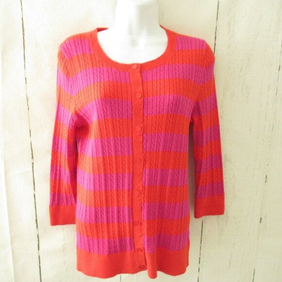 Talbots Cardigan Sweater M Medium Stripe Button Up 3/4 Sleeve - Picture 1 of 6